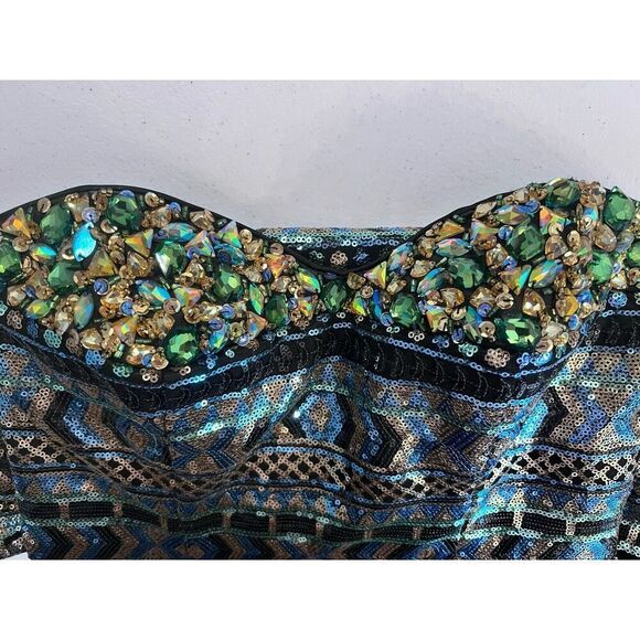 Precious Formals Sequin Mini Dress Sparkle Size 4 Blue Green Black Chunky Stones - Picture 10 of 10